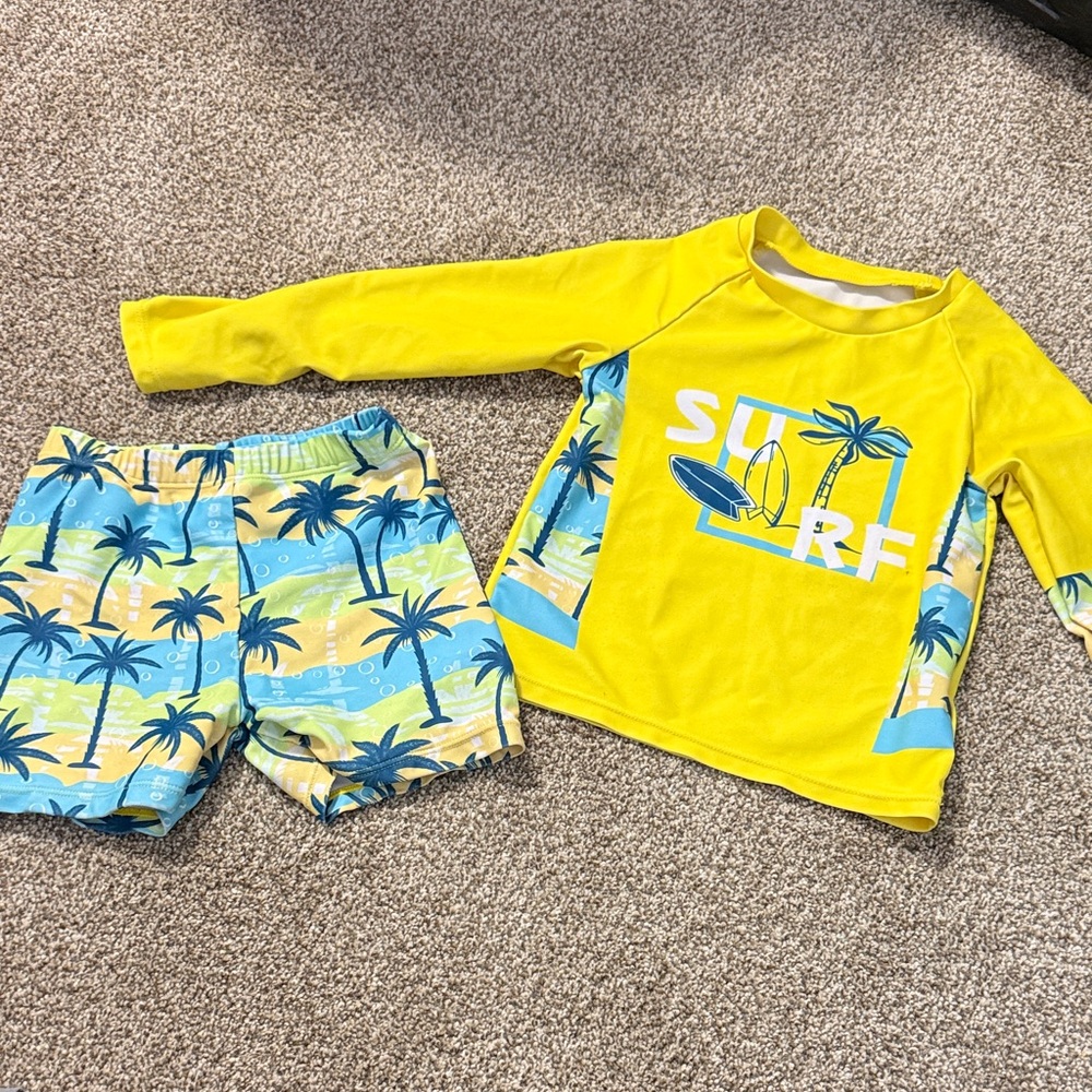 SHEIN Yellow & Aqua Kids Swim Rashguard Set